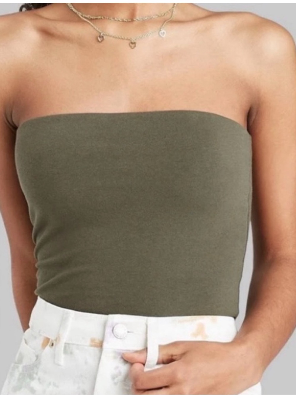 Women’s Olive Green Strapless Tube Top Small Crop Top Summer Casual